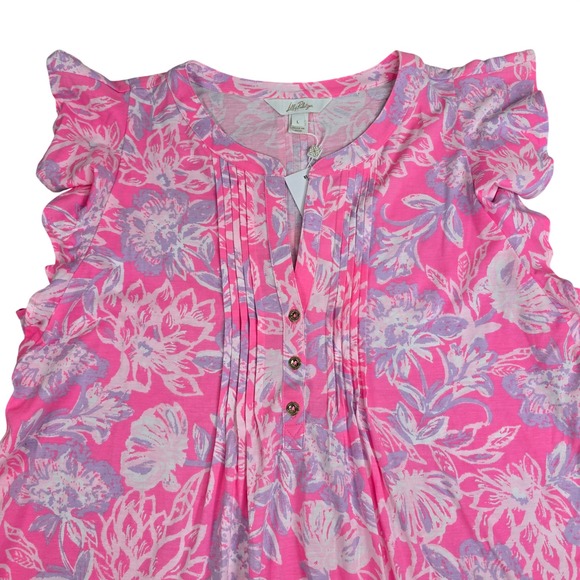 Lilly Pulitzer Tops - Lilly Pulitzer Golda Top Rousseau Pink Zen Garden Floral Ruffle Top Large NWT